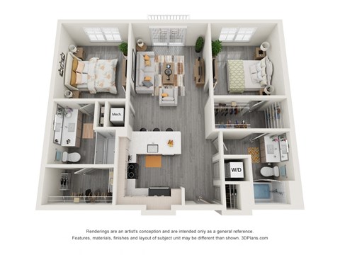 Floor plan for 2 beds, 2 baths, 1050 sqft
